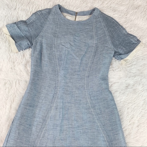 Sea NY short sleeve linen blend sheath dress in light blue with contrast trim - Picture 2 of 10